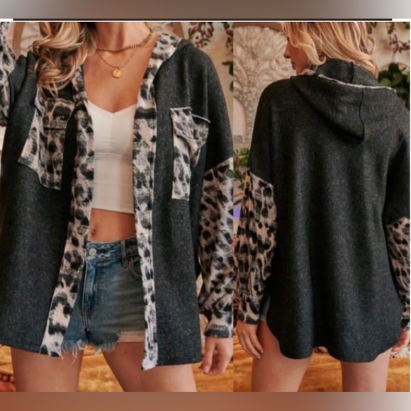 Open Black/Gray Blend Jacket Animal Print Trim with Hood Front Chest Pockets NWT - Picture 1 of 16